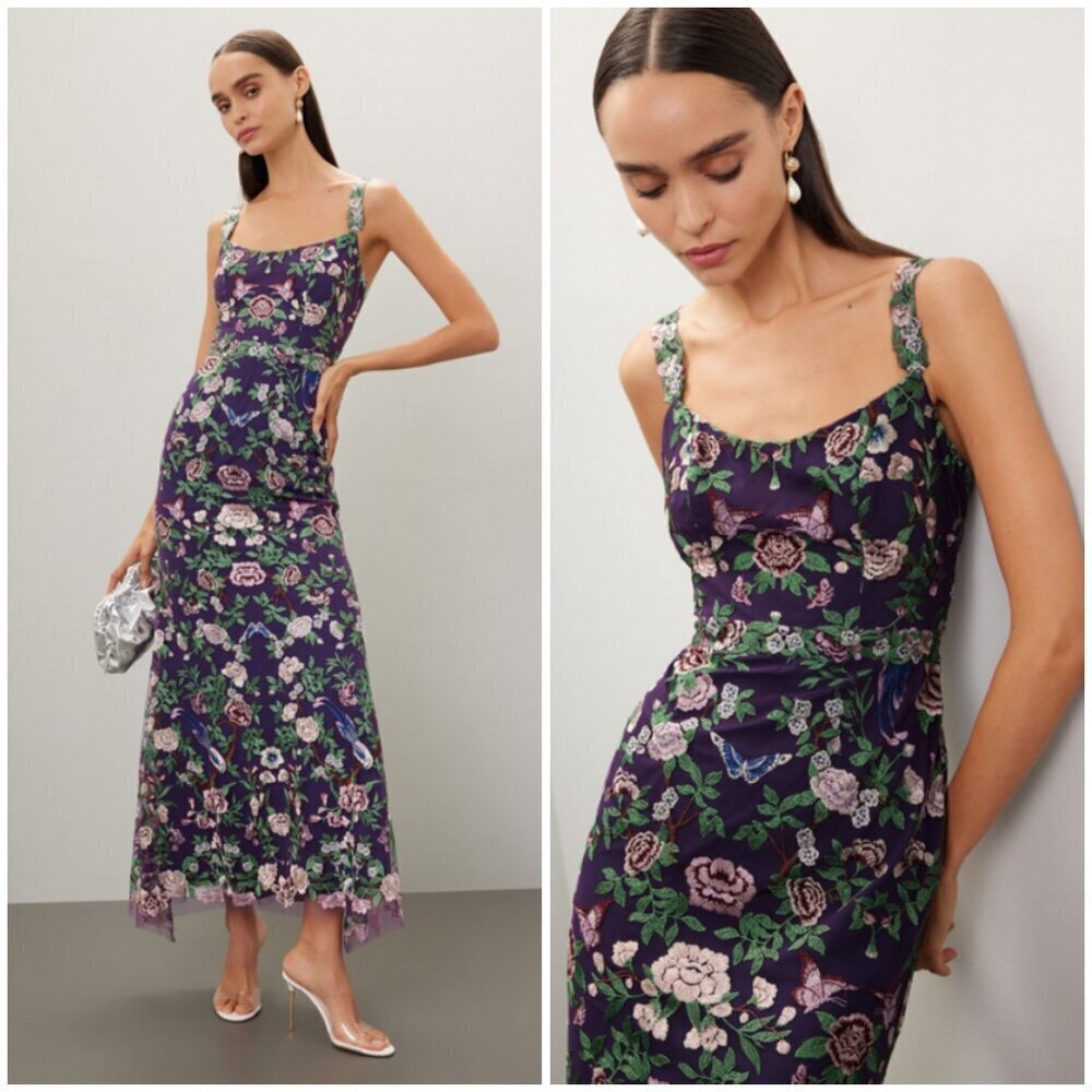 💕MARCHESA NOTTE💕 Embroidered Tulle Gown ~ Dark Purple Floral and Butterfly 10